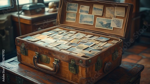 An antique suitcase full of postcards, photos and souvenirs from various places around the world