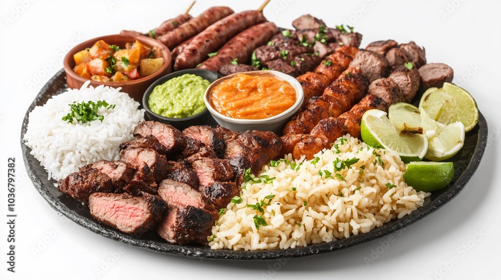 Churrasco Platter, A spread of Brazilian churrasco meats, skewers of beef, chicken and sausage Churrasco Platter, A spread of Brazilian churrasco meats, skewers of beef, chicken and sausage