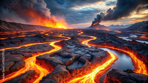 mystical lava stream winding through a steamy primal earth silhouette