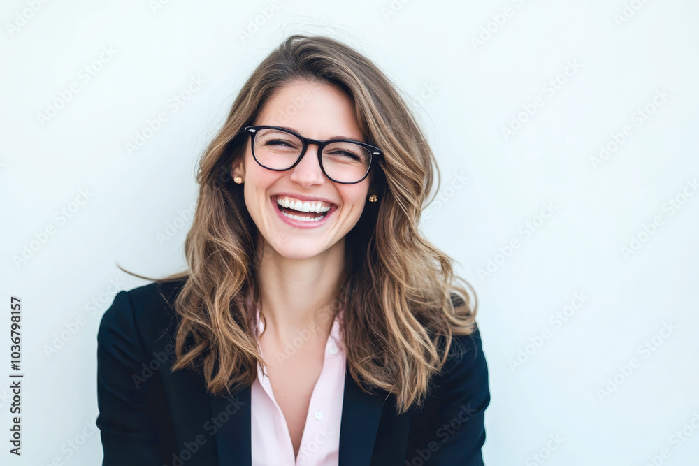 The businesswoman laughed heartily against a white background, her confident demeanor shining through as her joyful expression radiated positivity and self-assurance. The businesswoman laughed heartily against a white background, her confident demeanor shining through as her joyful expression radiated positivity and self-assurance.
