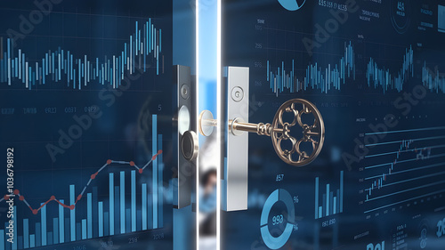 A turning key unlocking a door made of graphs and charts, representing unlocking business opportunities.
