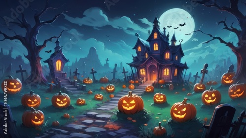 A spooky haunted house with glowing jack-o-lanterns and a full moon in the night sky. photo