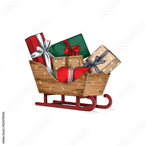 Christmas wooden sleigh with colorful gifts
