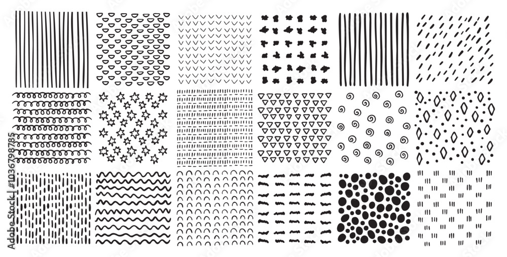 Fototapeta premium Square patterns set. Hand drawn doodle style patterns. Hatched squares abstract drawing technic, geometric shapes strokes