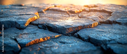 A close-up of cracked earth illuminated by warm sunlight, highlighting the texture and patterns of the dry soil, creating a dramatic and earthy aesthetic.