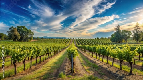 Panoramic landscape of grape tree field