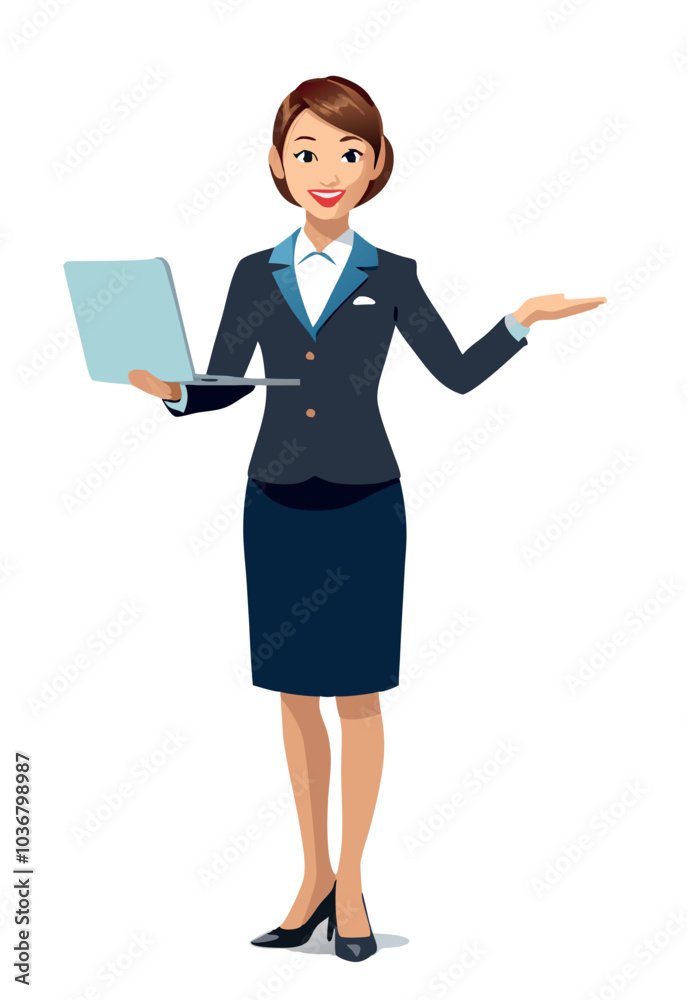 Smiling businesswoman holding laptop and gesturing with hand Smiling businesswoman holding laptop and gesturing with hand