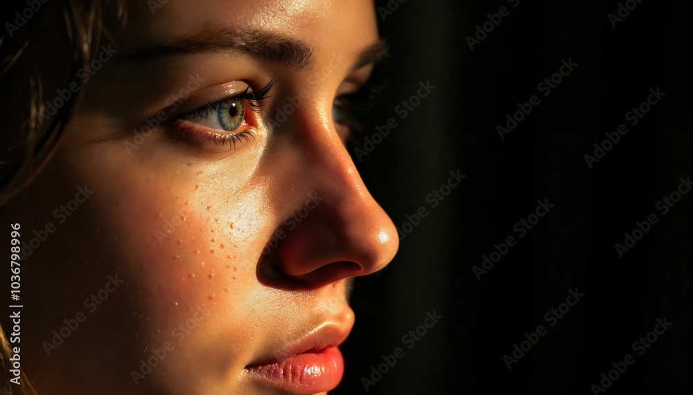 Close-Up Portrait of a Human Face in Warm Golden Light, Highlighting Natural Skin Texture and Emotions. Ideal for Art Enthusiasts Seeking Evocative and Reflective Photography Close-Up Portrait of a Human Face in Warm Golden Light, Highlighting Natural Skin Texture and Emotions. Ideal for Art Enthusiasts Seeking Evocative and Reflective Photography