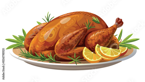 Roasted turkey garnished with rosemary and citrus on platter