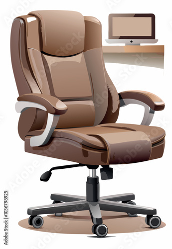 Brown leather office chair sitting on wheels with bookshelf