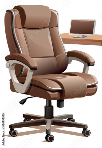 Brown leather office chair sitting on wheels with bookshelf