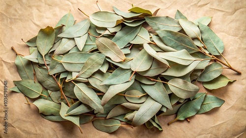 Panoramic pile of dried eucalyptus leaves isolated on paper background