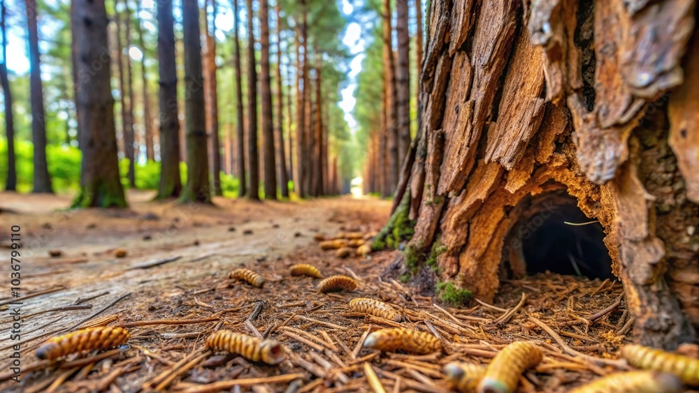 Panoramic view of wood worm tunnel under pine tree bark Panoramic view of wood worm tunnel under pine tree bark