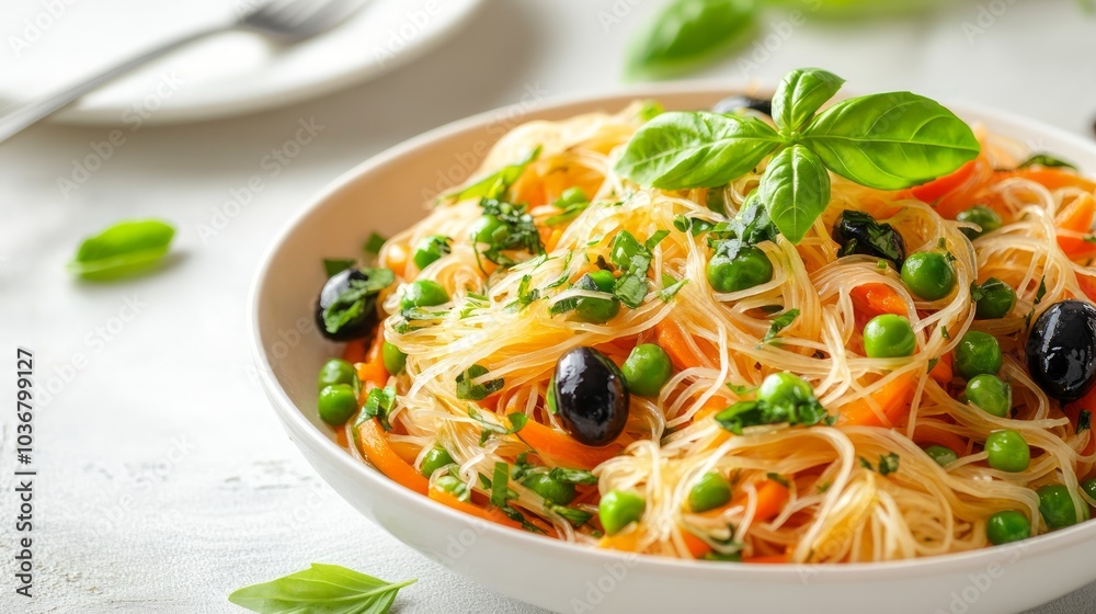 A vibrant bowl of pasta with vegetables, garnished with basil, showcasing a fresh meal. A vibrant bowl of pasta with vegetables, garnished with basil, showcasing a fresh meal.