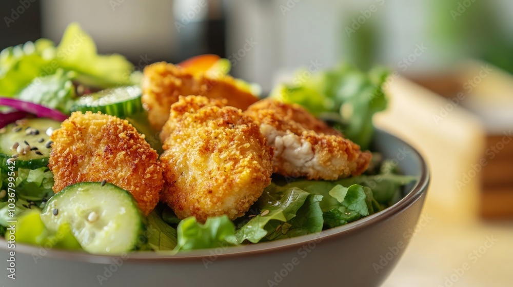 A vibrant salad bowl featuring crispy chicken pieces atop fresh greens and vegetables.