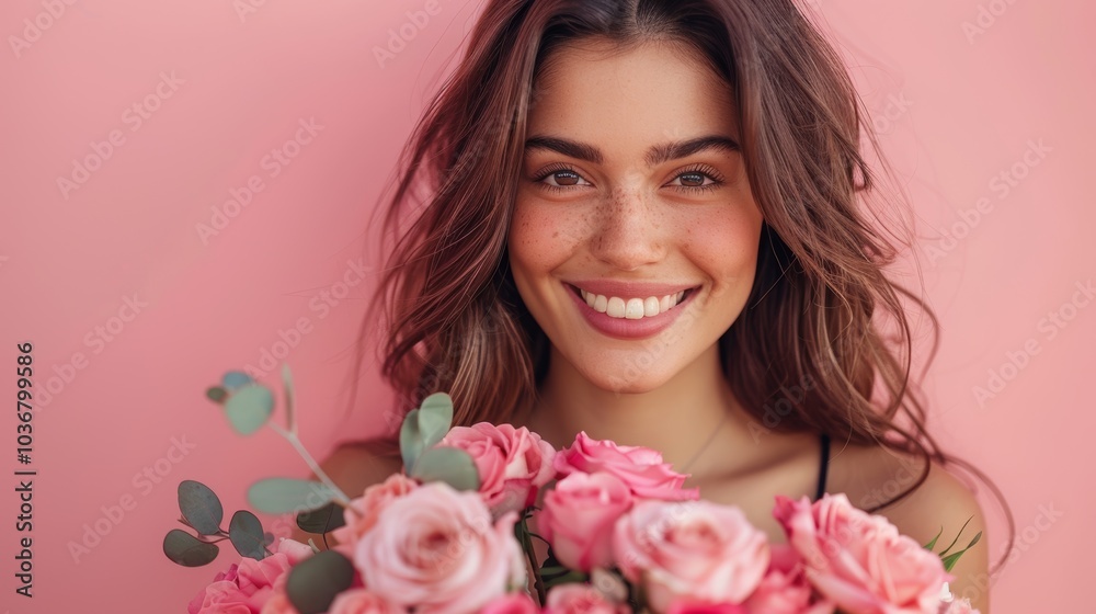Portrait of a joyful woman with a flower bouquet, showcasing natural skincare products in an eco-friendly setting with a pink backdrop Portrait of a joyful woman with a flower bouquet, showcasing natural skincare products in an eco-friendly setting with a pink backdrop