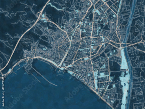 Painterly Style City Map of Almeria, Spain in a Blue Color Scheme.