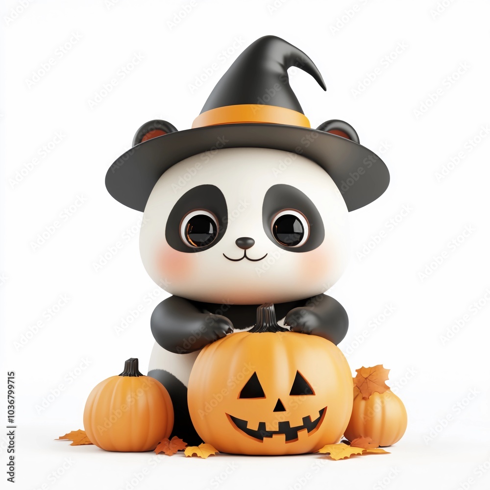 A 3D render Cute kawaii panda wearing witch hat playing with halloween pumpkin and jack o lantern A 3D render Cute kawaii panda wearing witch hat playing with halloween pumpkin and jack o lantern