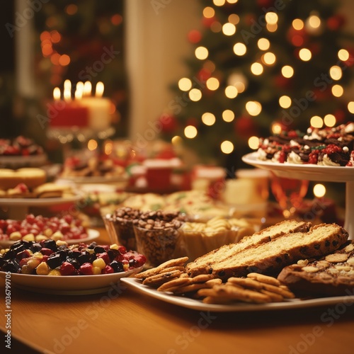 A festive spread of assorted holiday treats and desserts on a table.