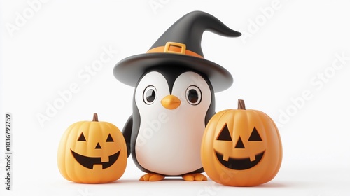 A 3D render Cute kawaii penguin wearing witch hat playing with halloween pumpkin and jack o lantern