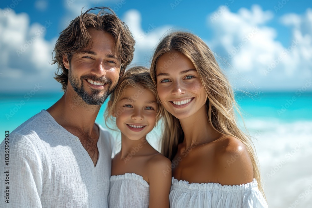Happy family enjoying a sunny day at the beach with turquoise waters and bright blue skies in summer Happy family enjoying a sunny day at the beach with turquoise waters and bright blue skies in summer