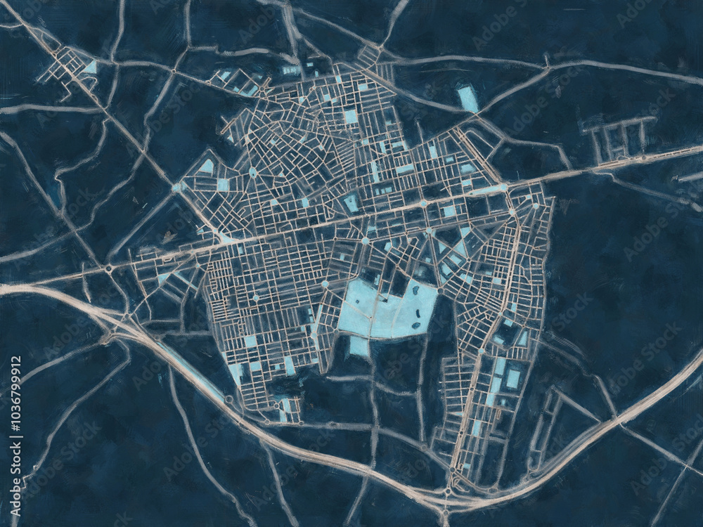 Obraz premium Painterly Style City Map of El Ejido, Spain in a Blue Color Scheme.