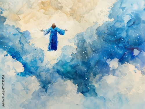 Jesus Christ ascends into the heavens, surrounded by a vibrant blue sky and billowing clouds, capturing the majesty of the moment.