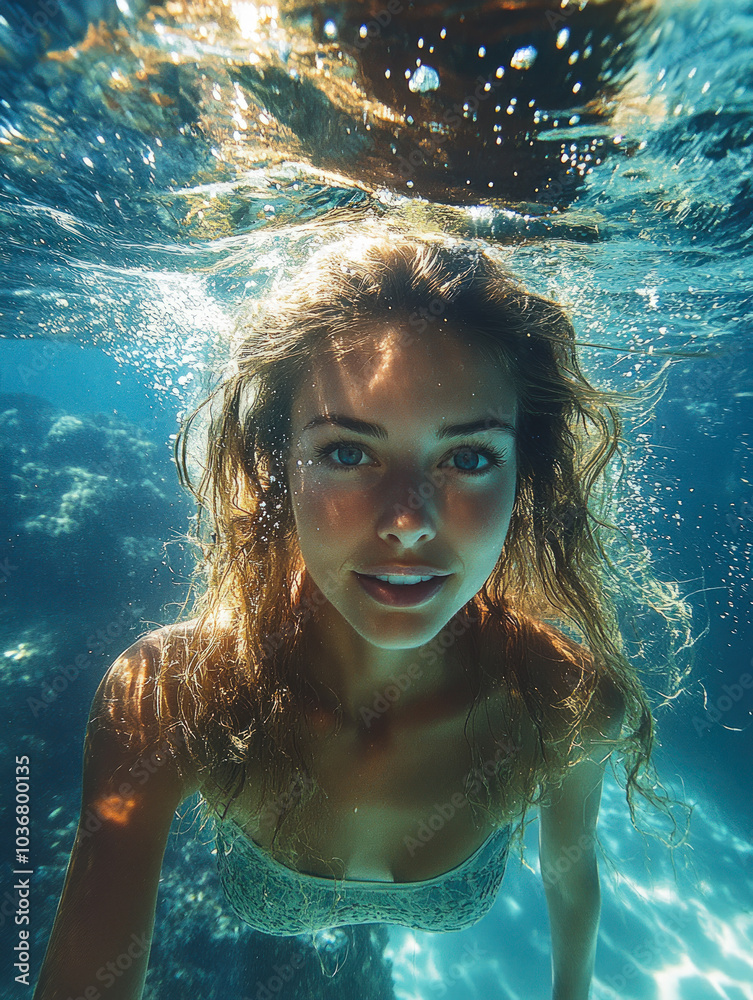 Young Woman Swimming Underwater in Sunlit Ocean
Young Woman Swimming Underwater in Sunlit Ocean