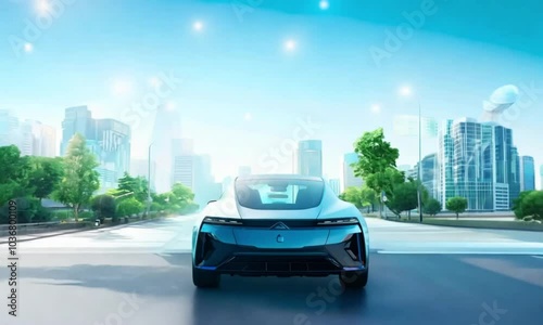 Hydrogen Vehicle Driving Through a Clean City with Water Vapor Emissions, Symbolizing Future of Transportation