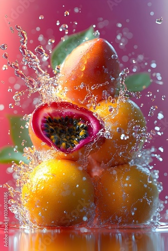 Vibrant tropical fruit splash with mango, passion fruit, and oranges, showcasing a lively explosion of water against a colorful backdrop.