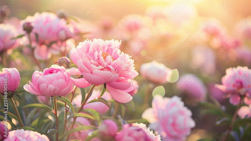 Delicate Pink Peonies Blooming in Soft Sunlight Delicate Pink Peonies Blooming in Soft Sunlight