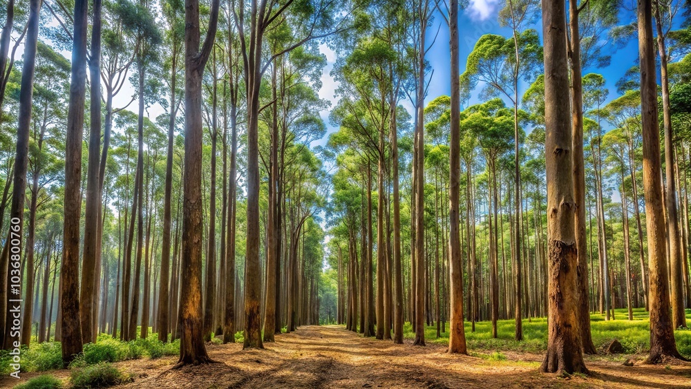 Panorama of eucalyptus forest with karri trees leading lines Panorama of eucalyptus forest with karri trees leading lines