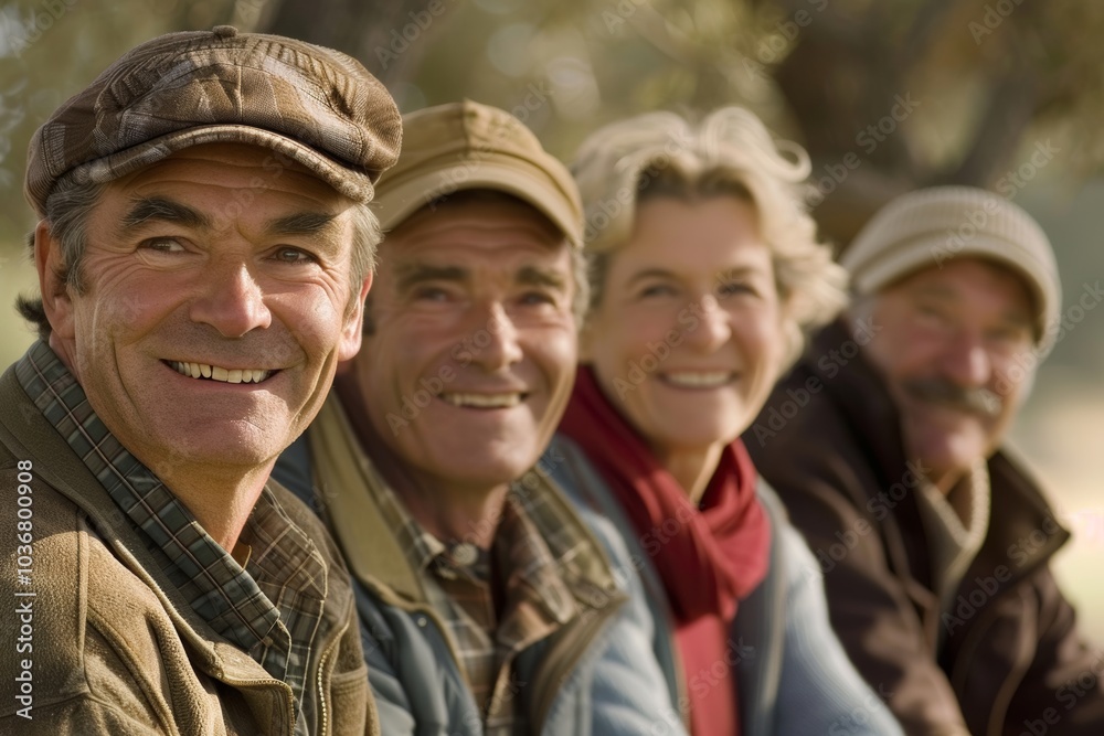 Portrait of happy senior men and women looking at camera in park Portrait of happy senior men and women looking at camera in park