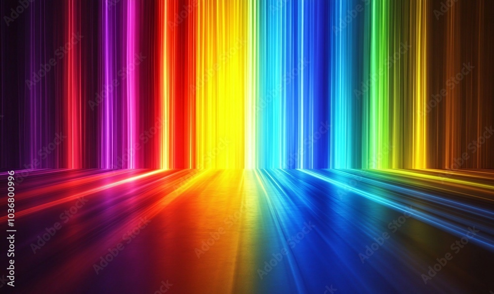 Vibrant colorful light beams radiating in all directions, creating a mesmerizing rainbow effect on a dark background. Vibrant colorful light beams radiating in all directions, creating a mesmerizing rainbow effect on a dark background.