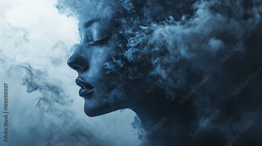 A serene profile of a woman shrouded in ethereal blue smoke, representing tranquility and introspection. Captivating and thought-provoking. A serene profile of a woman shrouded in ethereal blue smoke, representing tranquility and introspection. Captivating and thought-provoking.