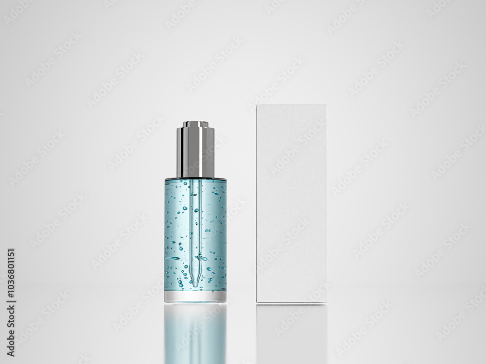 Tall flat neck cosmetic dropper bottles and paper box mockup, aluminum push button dropper skins care container and box packaging on clean background, metallic cap pipettes glass bottle in front view Tall flat neck cosmetic dropper bottles and paper box mockup, aluminum push button dropper skins care container and box packaging on clean background, metallic cap pipettes glass bottle in front view