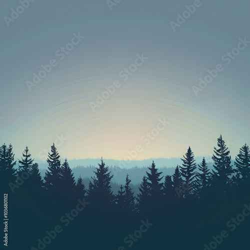 Sun Setting Behind Pine Forest Horizon