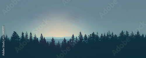 Sun Setting Behind Pine Forest Horizon