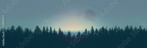 Sun Setting Behind Pine Forest Horizon