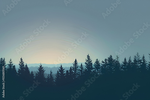 Sun Setting Behind Pine Forest Horizon