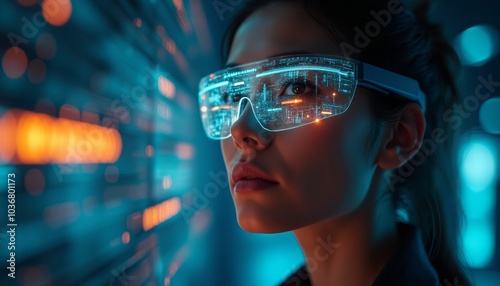 A woman looking ahead while wearing futuristic augmented reality (AR) glasses, symbolizing technology and innovation.