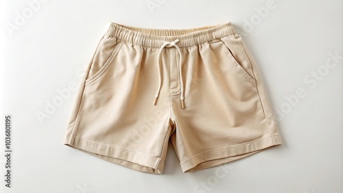 Minimalist aesthetic beige shorts with drawstring waist and pockets aerial view