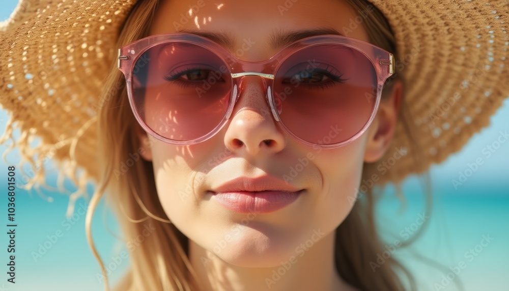 A woman wearing pink sunglasses and a straw hat, enjoying a sunny day on the beach with the ocean in the background. A woman wearing pink sunglasses and a straw hat, enjoying a sunny day on the beach with the ocean in the background.