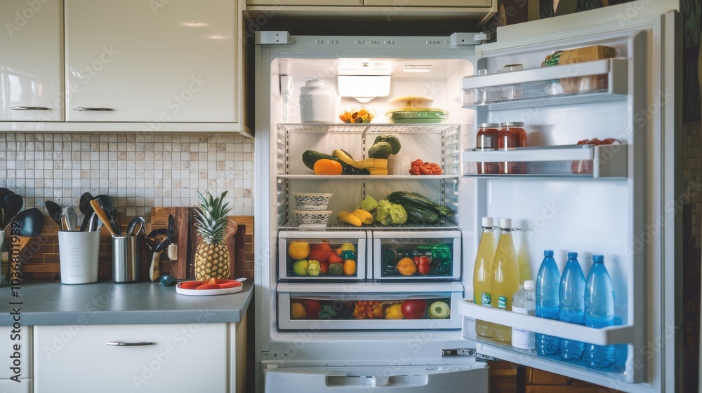 Open refrigerator filled with fresh fruits, vegetables, and drinks.
