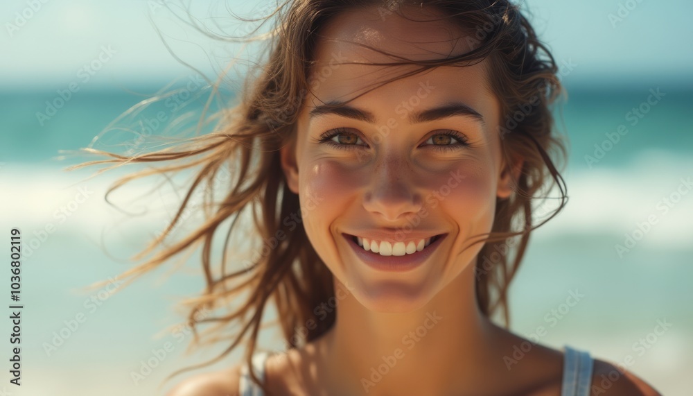 A cheerful woman smiling brightly on a sunny beach, with her hair blowing in the wind and the ocean in the background. A cheerful woman smiling brightly on a sunny beach, with her hair blowing in the wind and the ocean in the background.