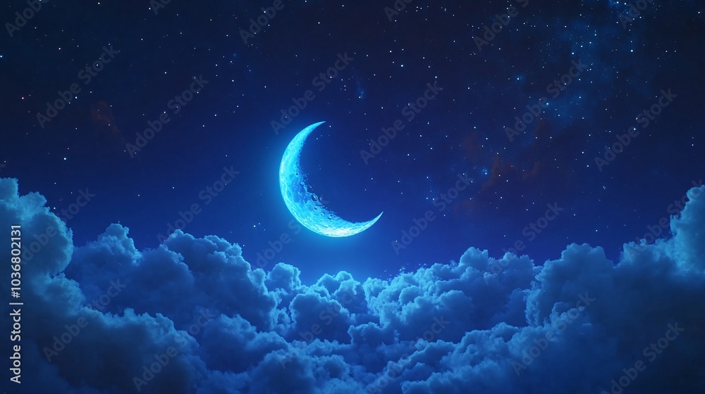 A serene image showcasing a crescent moon glowing in a starry night sky, surrounded by fluffy clouds, evoking a sense of tranquility and wonder. A serene image showcasing a crescent moon glowing in a starry night sky, surrounded by fluffy clouds, evoking a sense of tranquility and wonder.