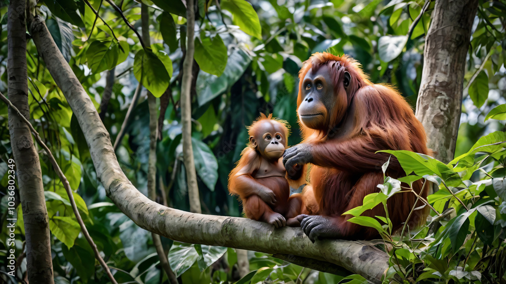 Obraz premium photo of orangutang with his child, generated by ai