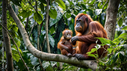 photo of orangutang with his child, generated by ai