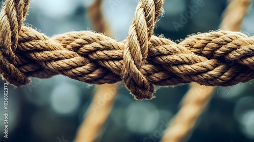 Complex web of interconnected ropes symbolizing intricate business relationships and antitrust challenges, with a focused foreground rope representing the effort to break monopolies.