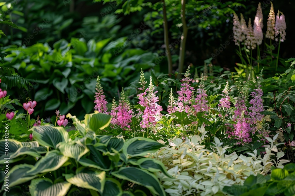 Lush Garden with Vibrant Pink Flowers and Green Foliage Lush Garden with Vibrant Pink Flowers and Green Foliage